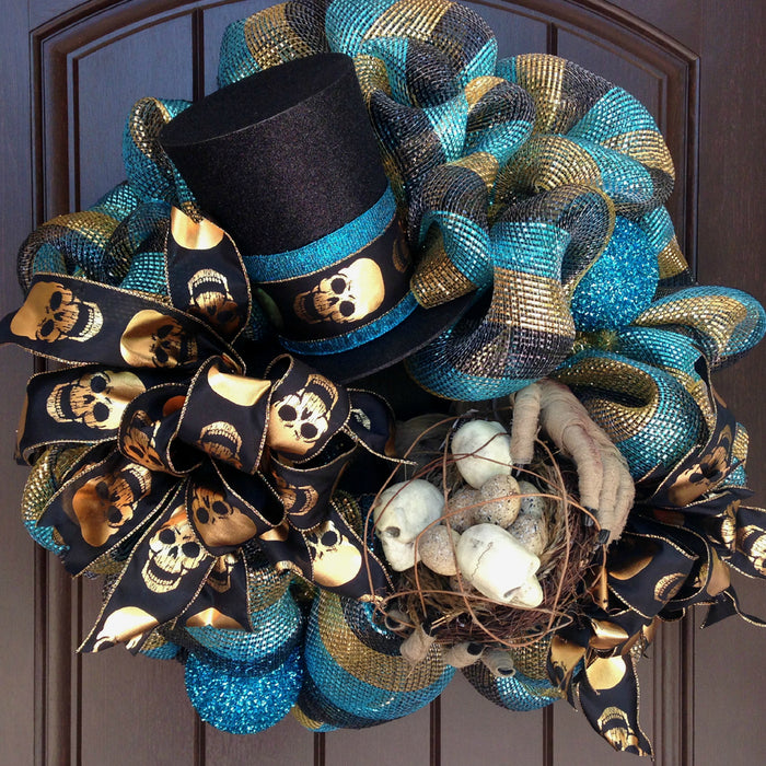 Halloween Wreath with Mummy Hands, Skull Nest & Top Hat