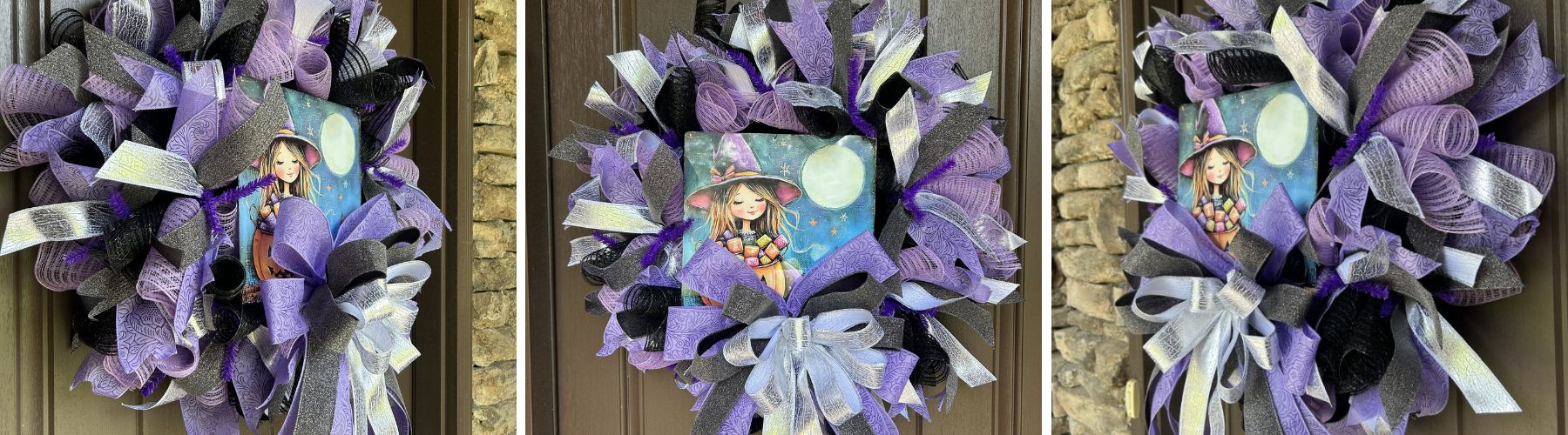 Mesh Halloween Wreath with Sweet Witch with Candy Exclusive Trendy Tree Sign, Ribbon strips and big bow