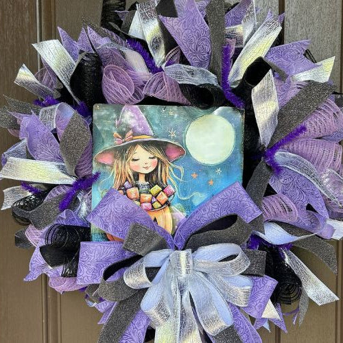 Mesh Halloween Wreath with Sweet Witch with Candy Exclusive Trendy Tree Sign, Ribbon strips and big bow