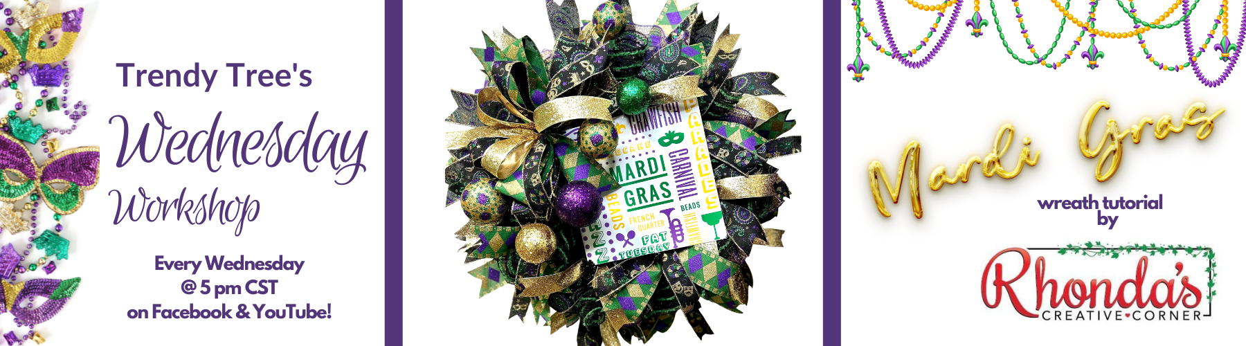 mardi gras wreath made by ruffle technique with deco mesh, ribbons, sign and glitter ball picks