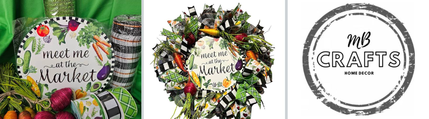 everyday wreath with a meet me at the market sign and veggies