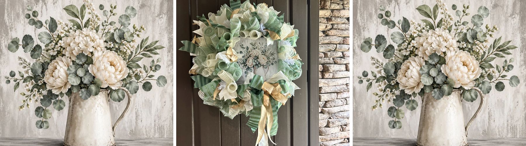 neutral mesh wreath with sage and ivory, exclusive Trendy Tree sign