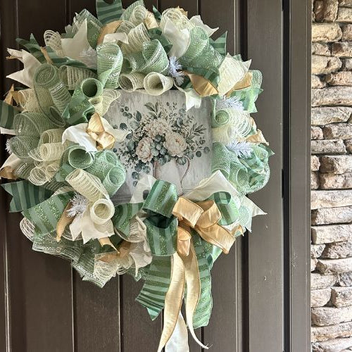 neutral mesh wreath with sage and ivory, exclusive Trendy Tree sign