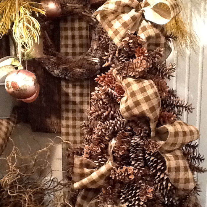 Pine Cone Tree with Burlap Check Ribbon