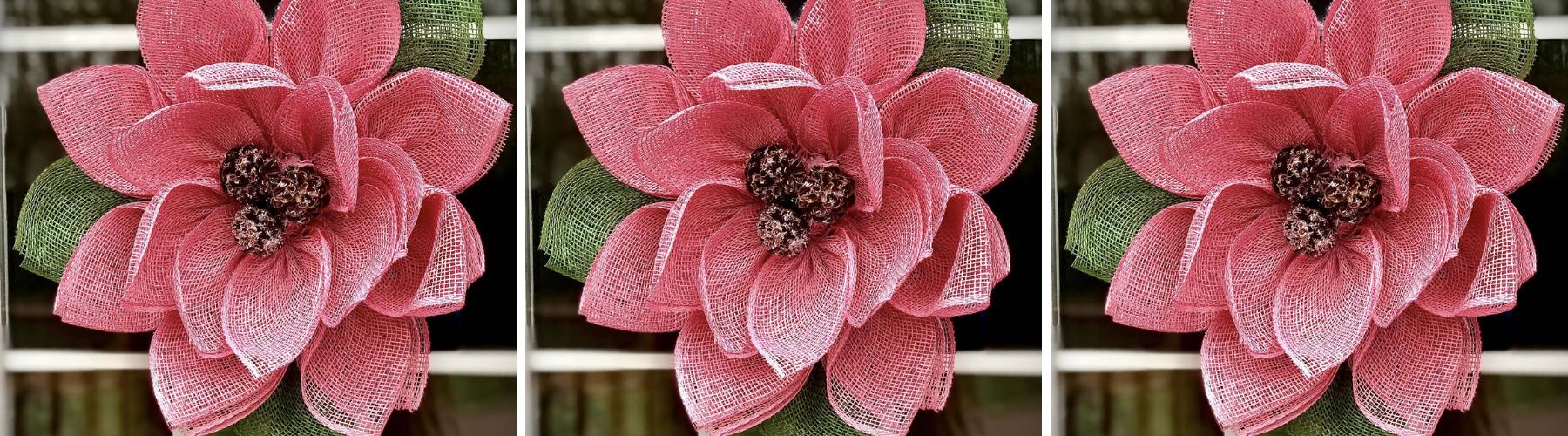 pink magnolia wreath made of poly burlap