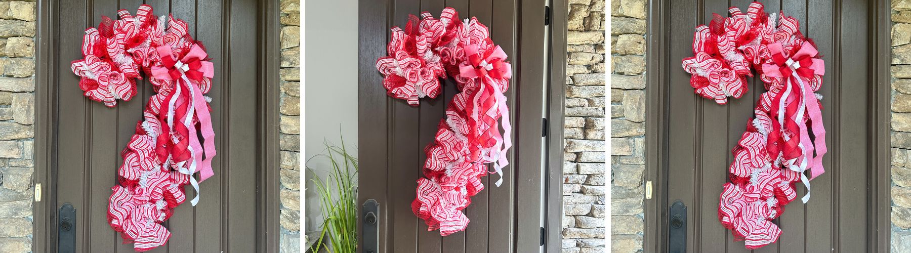 candy cane wreath made with our new pink, red, white, snow fuzz mesh