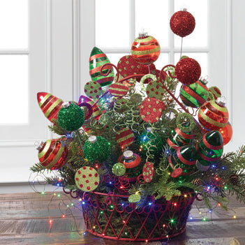 Multicolored Basket Centerpiece from RAZ Using Tiny String Lights