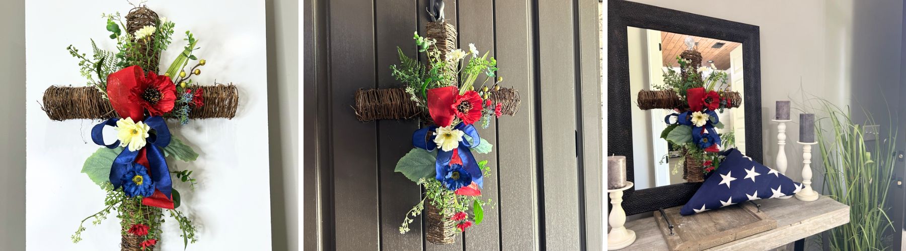 twig cross updated with a red white and blue floral spray