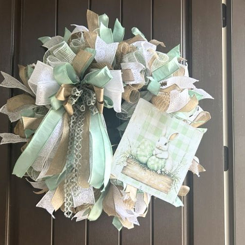 sage green mesh wreath with exclusive Trendy Tree bunny sign