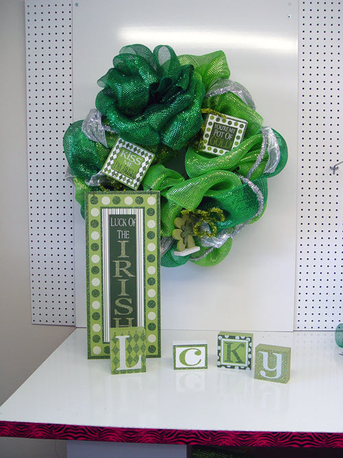 St. Patrick's Day Wreath Using a Work Wreath, Lime Green Wide Foil Mesh and Emerald Green