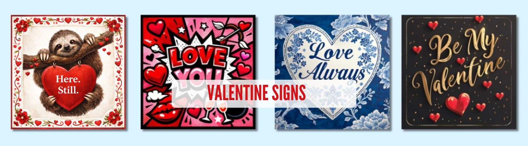 Assorted Valentine signs to use as accents on deco mesh or grapevine wreaths or frame for seasonal decor, available at Trendy Tree.