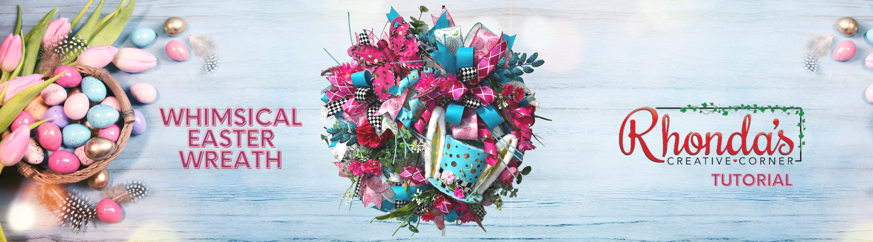 whimsical easter wreath with blue polka dot top hat