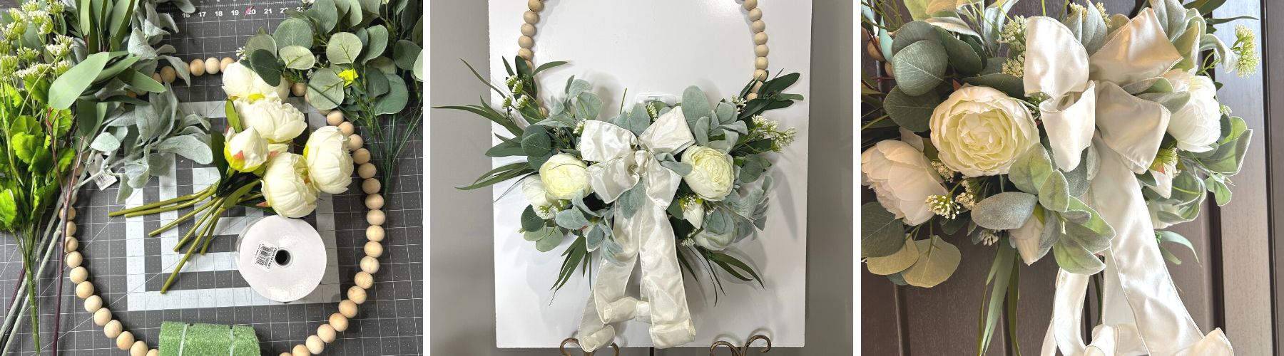 how to add florals and ribbon to a wooden bead wreath form