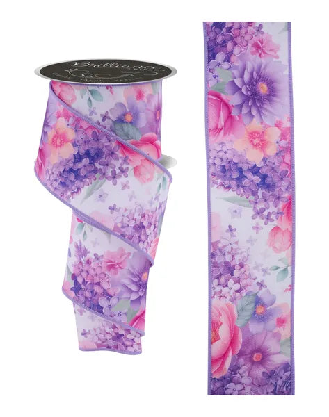The Ivory Multi Watercolor Florals Ribbon LS1229C2, measuring 2.5 inches by 10 yards, features pink, purple, and violet floral designs on an ivory background; shown as a spool and a flat section.