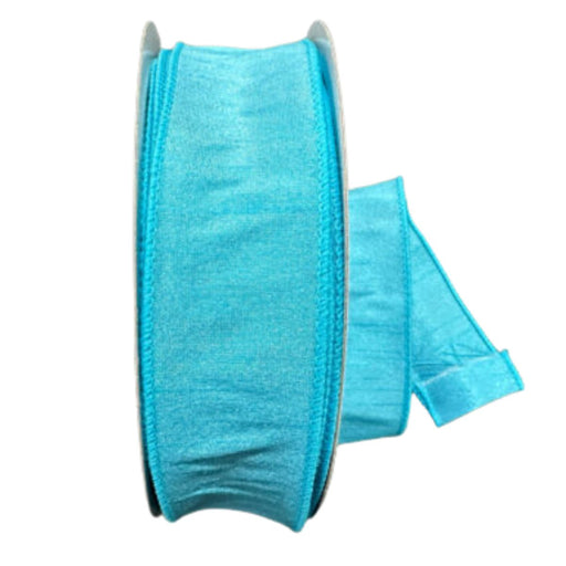 A roll of 1.5" aqua faux dupioni ribbon with a shimmery texture and wired edges, partially unspooled.