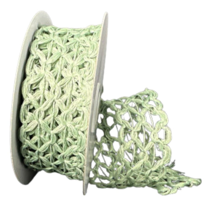 Dusty mint green scallop weave burlap ribbon, 1.5 inches wide, unspooled to show open crochet-like texture and soft finish.