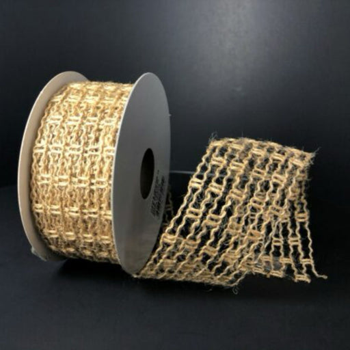 A roll of 1.5-inch wide expandable natural jute ribbon with an open, mesh-like weave, unspooled slightly to show its flexible texture and rustic appearance.