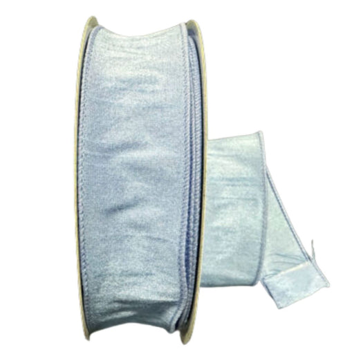 A roll of 1.5" iris blue faux dupioni ribbon with a soft, slightly shimmery texture and wired edges, partially unspooled.