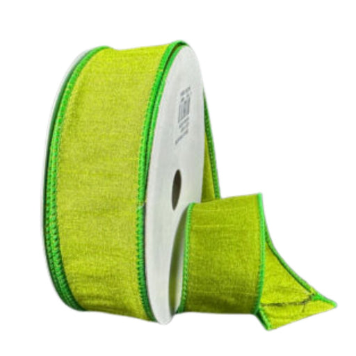 A roll of 1.5" kiwi green faux dupioni ribbon with wired edges, partially unrolled to reveal its textured finish and bold color.