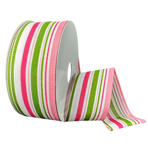 1.5" moss pink ribbon with varied striation stripes and wired edges, partially unrolled from spool, showing soft tonal texture.