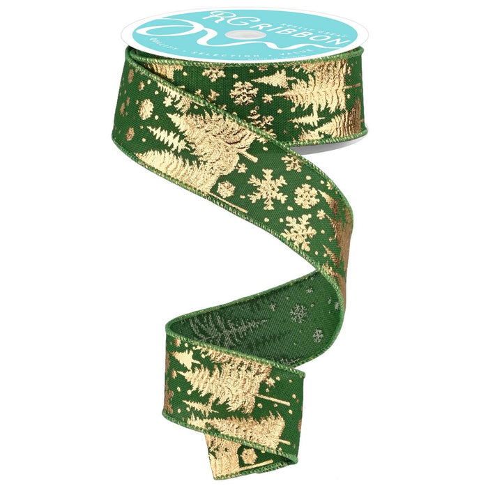 1.5 inch emerald green ribbon with gold pine tree and snowflake design, wired edge, available at Trendy Tree
