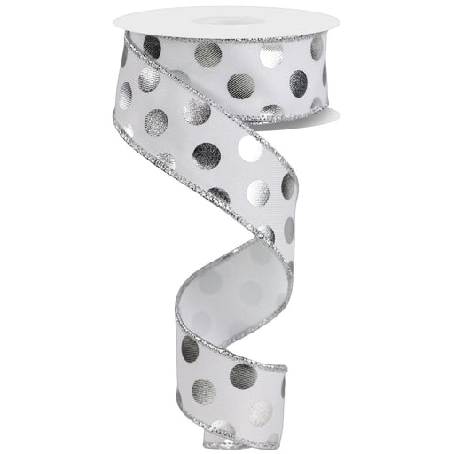 1.5 inch white ribbon with silver metallic polka dots and glittery wired edge, available at Trendy Tre