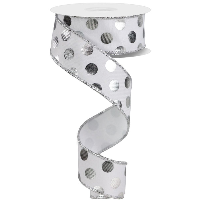 1.5 inch white ribbon with silver metallic polka dots and glittery wired edge, available at Trendy Tre