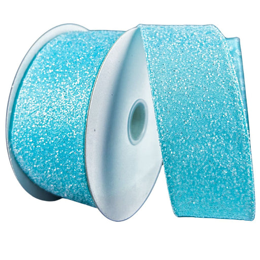 1.5" aqua glitter ribbon spool with shimmering candy glitter finish and wired edges, partially unrolled to display its sparkling texture.