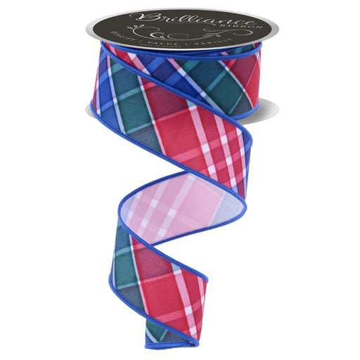 Red, emerald green, and royal blue bold diagonal plaid ribbon, 1.5 inch wired edge ribbon for Christmas wreaths, bows, and holiday decorating.