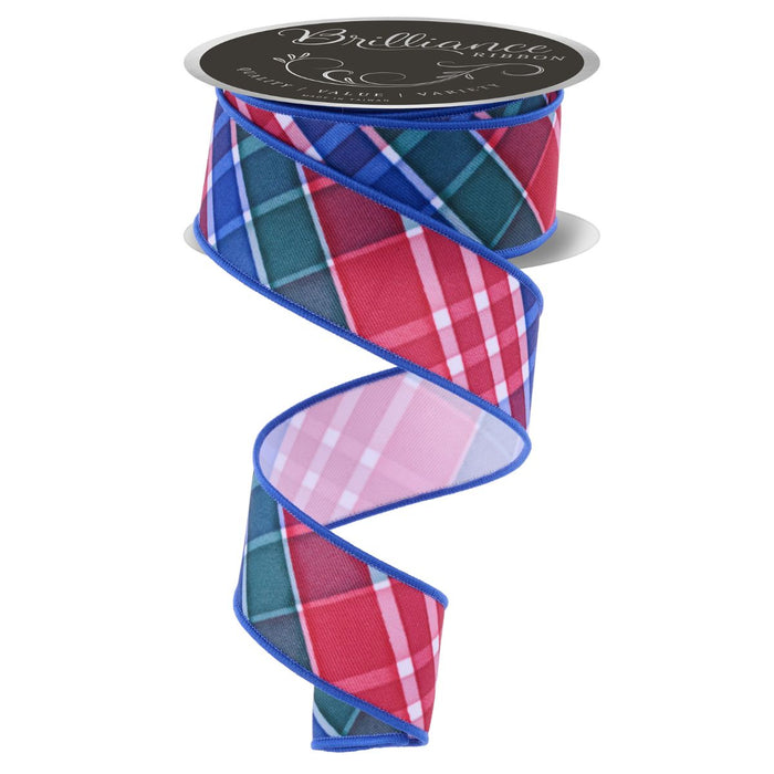 Red, emerald green, and royal blue bold diagonal plaid ribbon, 1.5 inch wired edge ribbon for Christmas wreaths, bows, and holiday decorating.