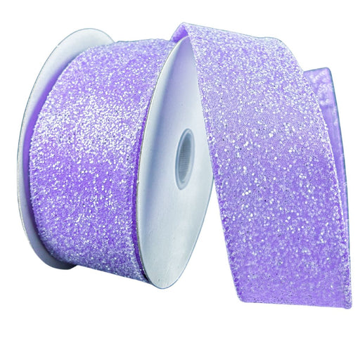 1.5" lavender glitter ribbon spool with a wired edge and shimmering candy-style texture, unrolled to show its pastel sparkle.