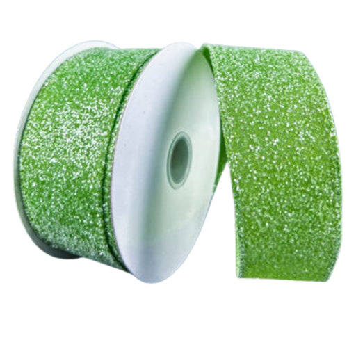 1.5" lime green glitter ribbon with a wired edge, shown unrolled on a spool with a sparkling finish