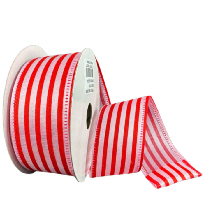 Roll of 1.5-inch pink satin ribbon with bold red vertical cabana stripes and pink wired stitched edges. 16602-09-26