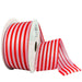 Roll of 1.5-inch pink satin ribbon with bold red vertical cabana stripes and pink wired stitched edges. 16602-09-26