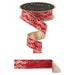 1.5 inch red ribbon with metallic gold foil leaf garland pattern and fused gold backing, wired edge, shown on spool and laid flat.