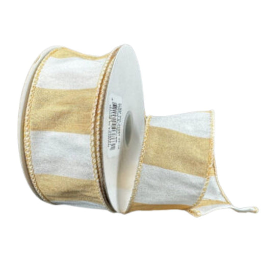 1.5" ribbon roll with alternating tan and white horizontal dupioni-style stripes, wired edge with soft sheen, partially unrolled.