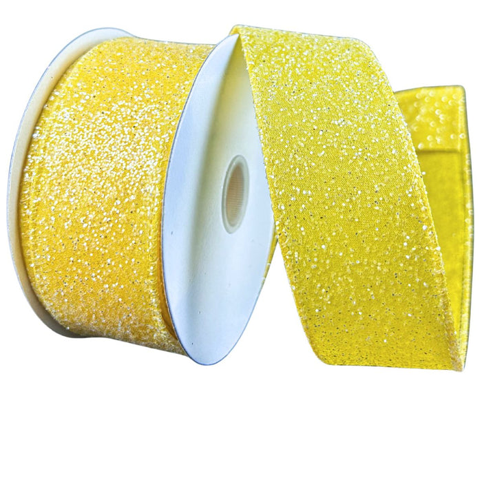 .5" yellow glitter ribbon on a spool with a wired edge and candy-like sparkle, unrolled to show shimmer and texture.