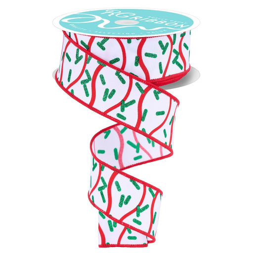 White wired ribbon with red wavy stripes and emerald green sprinkle pattern 1.5 inch wide for holiday bows and DIY decor projects RGH101267