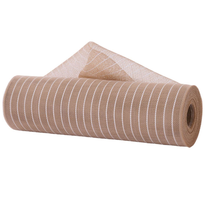 10.25-inch by 10 yards natural and white fine weave mesh roll with white foil stripes, ideal for wreath making and crafting – available at Trendy Tree