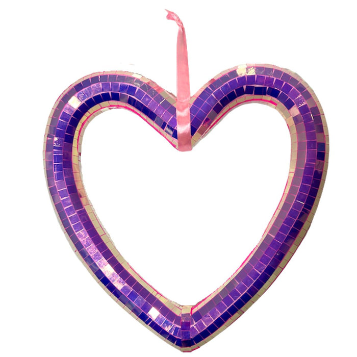 10.5-inch iridescent pink open heart ornament with purple hues and mirror tile surface – available at Trendy Tree.