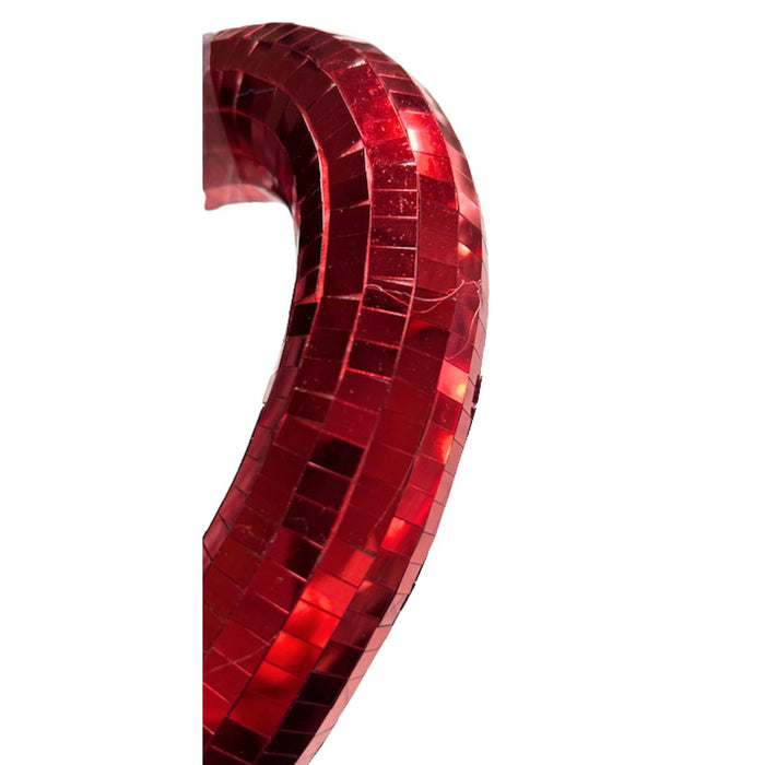 Side View - 10.5-inch red mirror open heart ornament with reflective tile surface and red hanging ribbon – available at Trendy Tree.