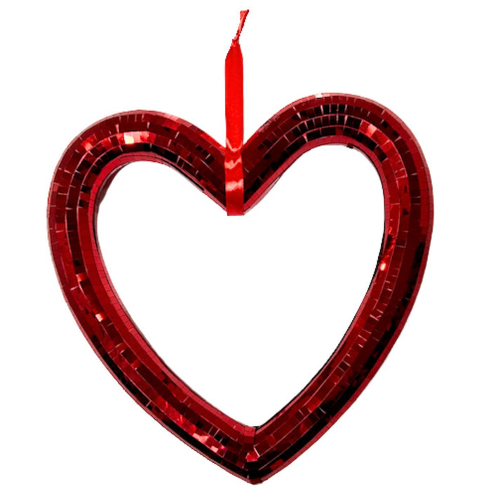 10.5-inch red mirror open heart ornament with reflective tile surface and red hanging ribbon – available at Trendy Tree.
