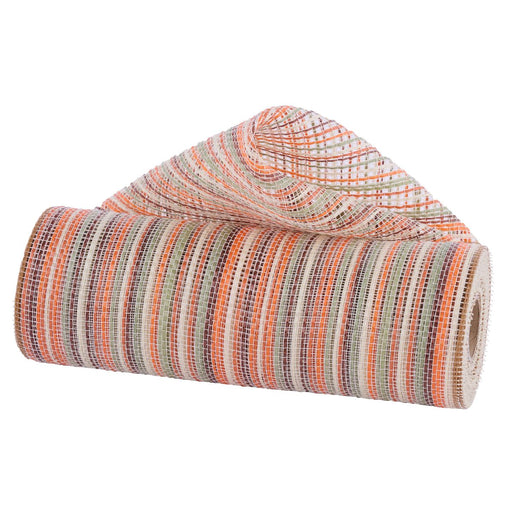 A roll of 10 Inch Burnt Orange Cream Vertical Multicolor Stripe Mesh (RE1369YE), partially unrolled on a white background, features orange, cream, purple, and green stripes in a vibrant mesh pattern.