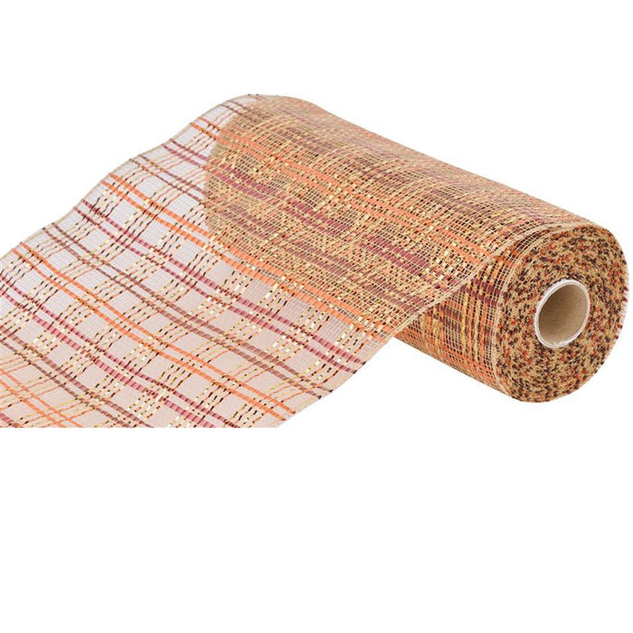 The 10 Inch Vertical Foil Plaid Mesh Natural Orange Brown Burgundy RE1368XE features a plaid pattern in natural orange, brown, and burgundy. Measuring 10x10YD, it is partially unrolled to showcase its texture and design. Available at Trendy Tree
