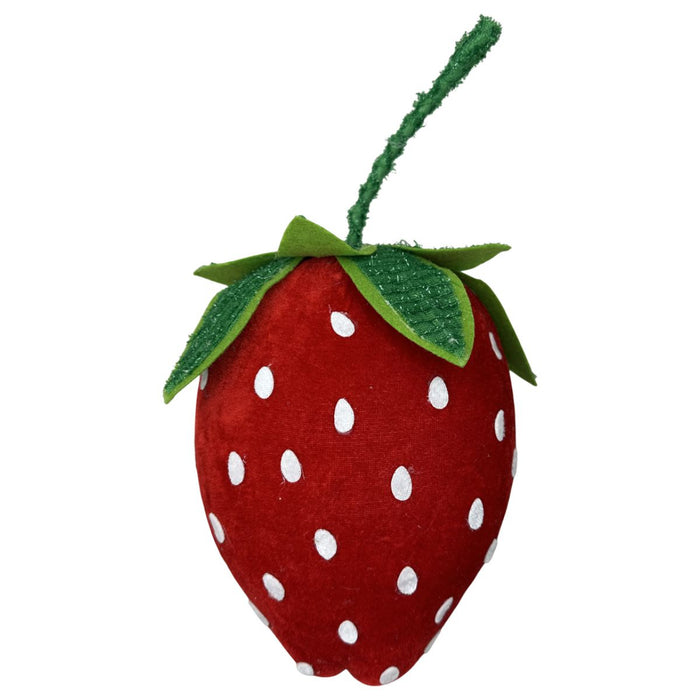 Plush red strawberry decor with white polka dots, green felt leaves, and stem, measuring 11 by 5.5 inches.