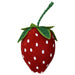 Plush red strawberry decor with white polka dots, green felt leaves, and stem, measuring 11 by 5.5 inches.