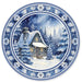 12 inch round metal sign with blue and white winter cabin scene, Chinoiserie style, available at Trendy Tree