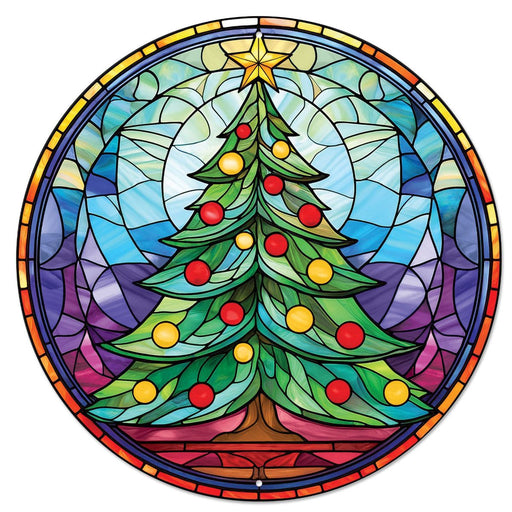 12 inch round metal sign featuring a stained glass look Christmas tree in green with red and yellow ornaments against a blue and purple background.