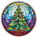 12 inch round metal sign featuring a stained glass look Christmas tree in green with red and yellow ornaments against a blue and purple background.