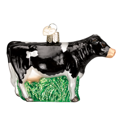 The Dairy Cow 12229 Old World Christmas Ornament Assorted features a black and white cow on green grass with a gold cap and heart-shaped loop, adding classic Old World charm to your holiday tree.
